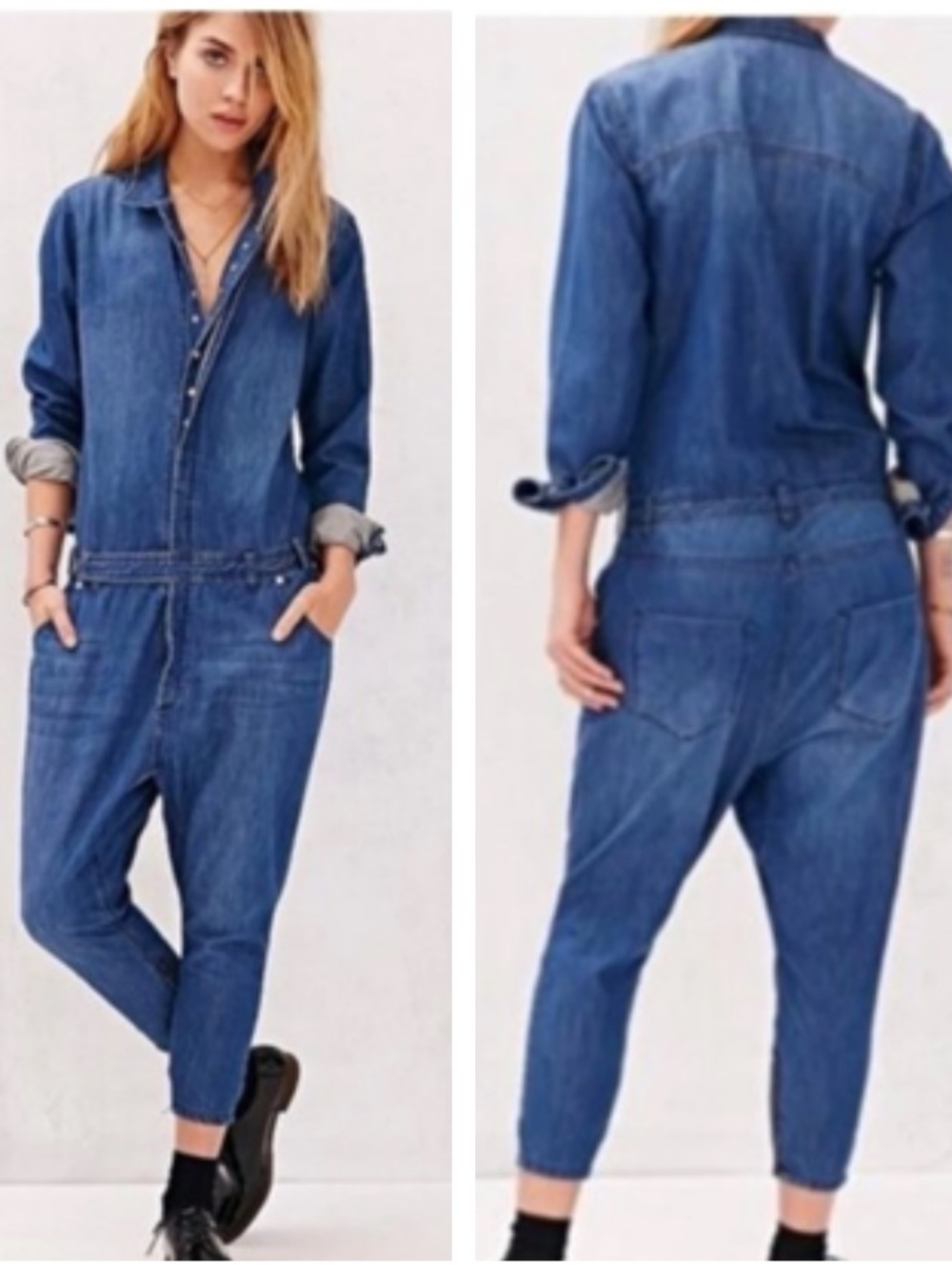 One Teaspoon long-sleeve utility denim jumpsuit snaps zippers oversized XS/S